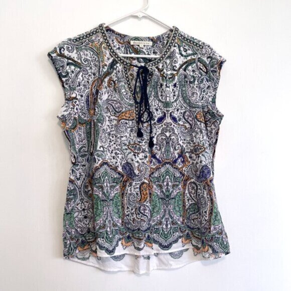 DANIEL RAINN White Navy Blue Paisley Embroidered Trim Tassel Tie Cap Sleeve Top - Picture 1 of 14
